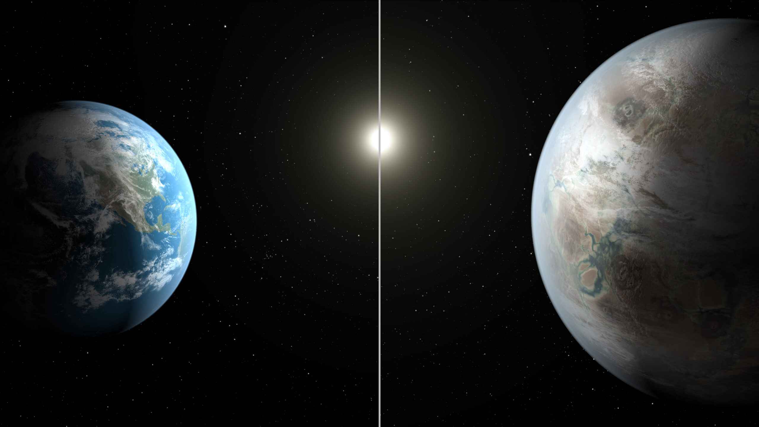 Links: der einzige bekannte lebensfreundliche Planet. Rechts: eine künstlerische Darstellung die mit der Realität nichts zu tun haben muss (Bild: NASA/Ames/JPL-Caltech/T. Pyle)