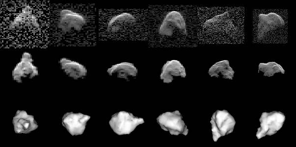 Radarbilder (oben) und daraus rekonstruierte Computermodelle seiner Form (unten) des Asteroids 1999 JM8 - in der Mitte sieht man, wie das Radarecho der simulierten Formen aussehen sollte (Bild: NASA)