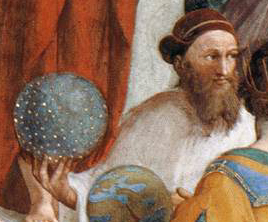 Hippster Hipparch mit Vollbart, Hut und offensichtlich der Himmelsscheibe von Nebra... (Bild: "Die Schule von Athen")